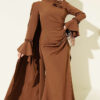 Floral Appliqué Cape-Style Evening Gown Tan