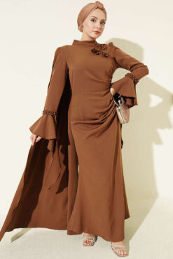 Floral Appliqué Cape-Style Evening Gown Tan