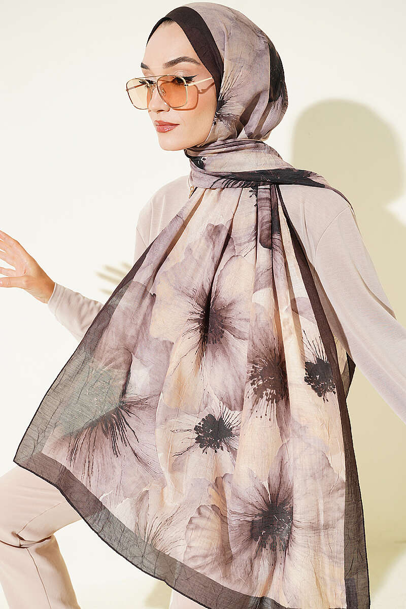 Floral Patterned Bamboo Knit Shawl Dark Brown