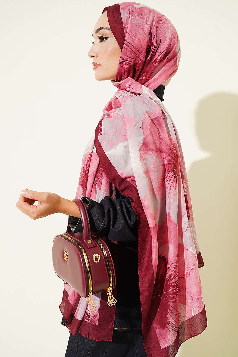 Floral Patterned Bamboo Knit Shawl Burgundy - immagine 3