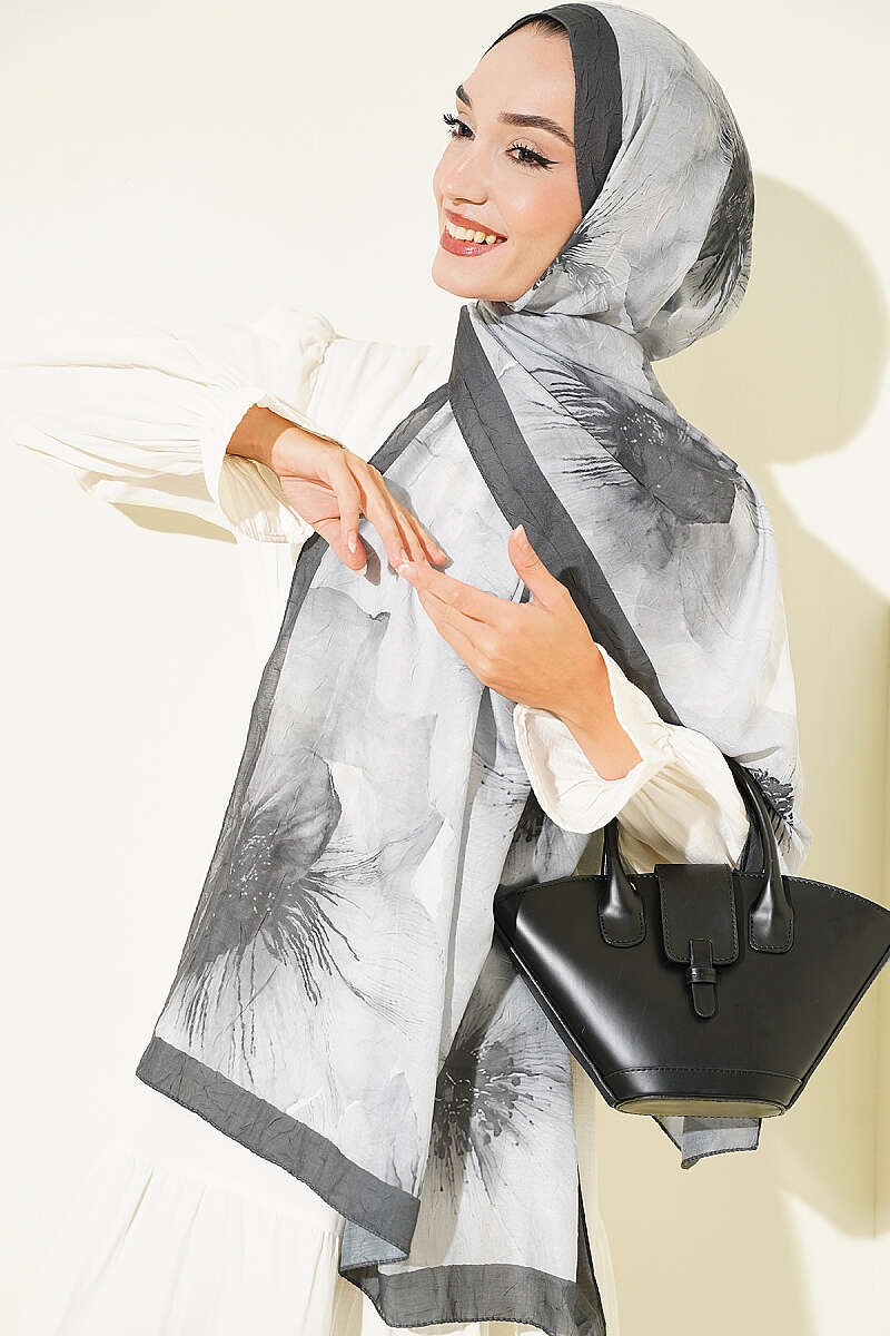 Floral Patterned Bamboo Knit Shawl Smoke