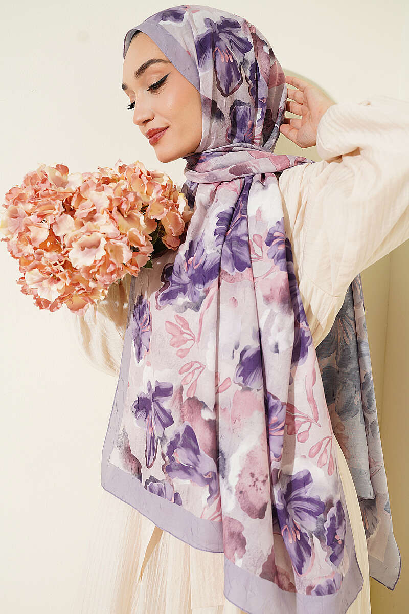 Floral Pattern Detailed Bamboo Crinkle Scarf Grey - Imagen 5