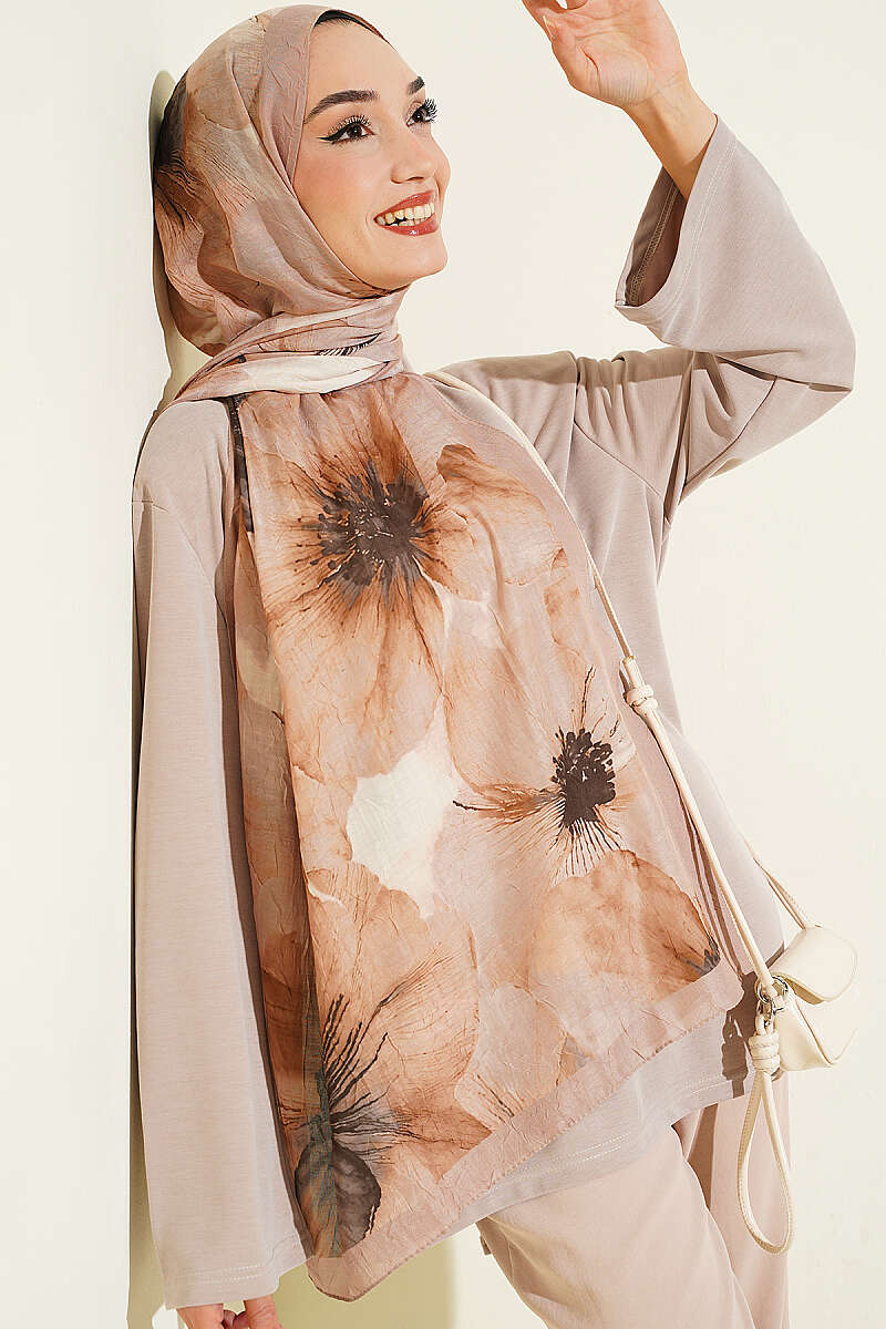 Floral Patterned Bamboo Knit Shawl Sand Beige