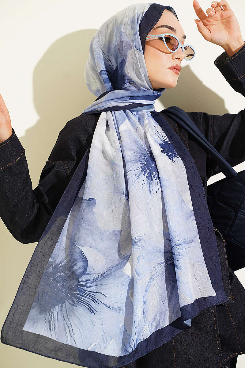 Floral Patterned Bamboo Knit Shawl Navy Blue