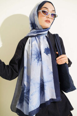 Alternative view of Floral Patterned Bamboo Knit Shawl Navy Blue