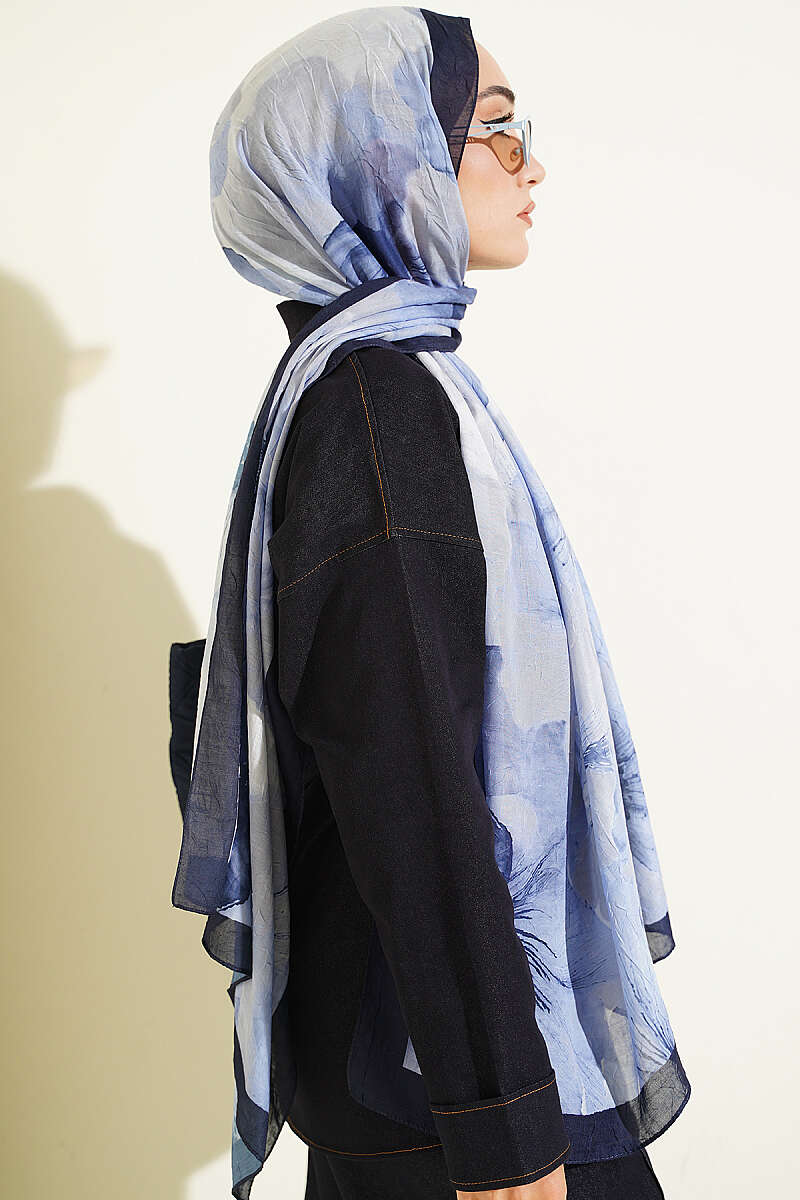 Floral Patterned Bamboo Knit Shawl Navy Blue - immagine 3