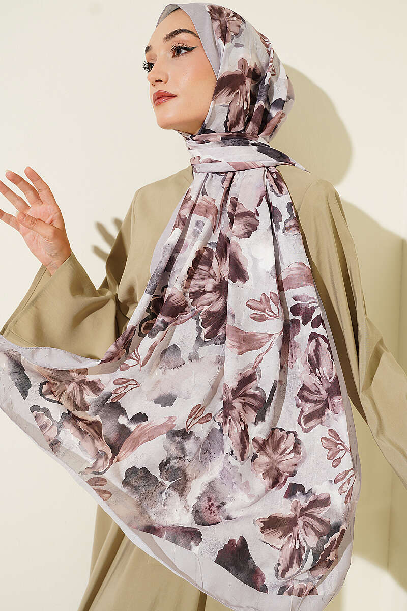 Floral Pattern Detailed Bamboo Crinkle Scarf Grey