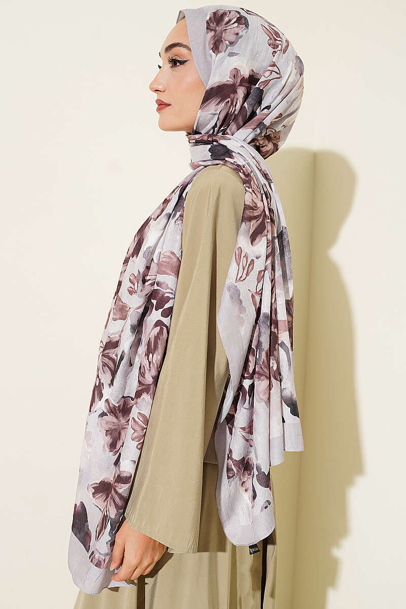 Floral Pattern Detailed Bamboo Crinkle Scarf Grey - Imagen 3