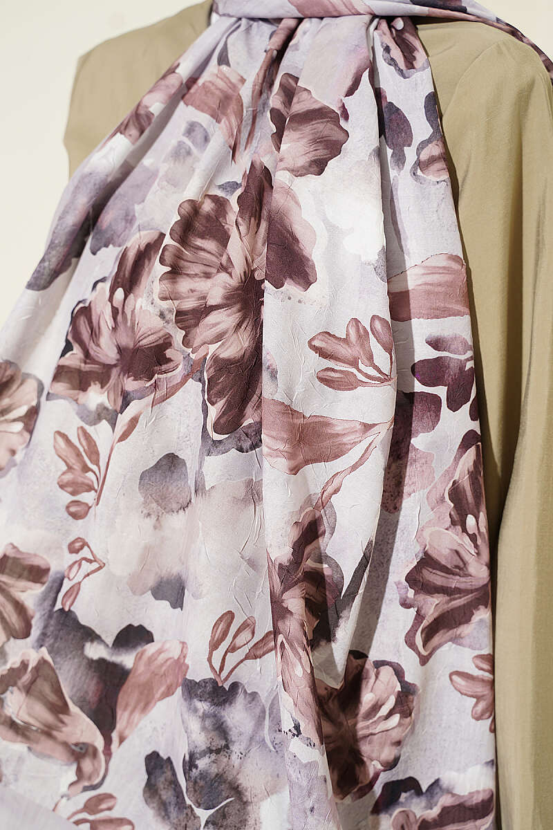 Floral Pattern Detailed Bamboo Crinkle Scarf Grey - Imagen 4