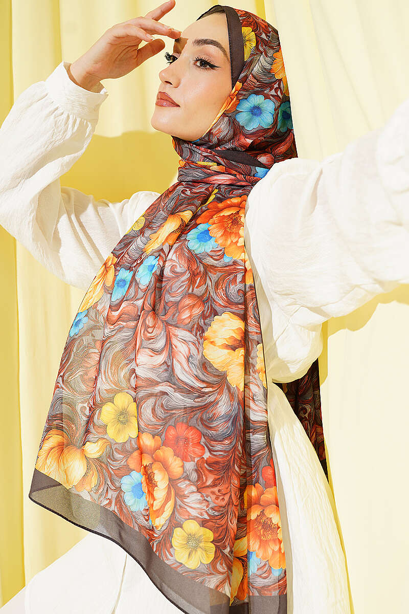 Floral Pattern French Silk Shawl Dark Brown