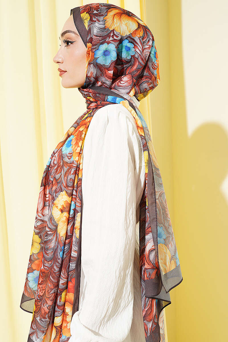 Floral Pattern French Silk Shawl Dark Brown - الصورة 3