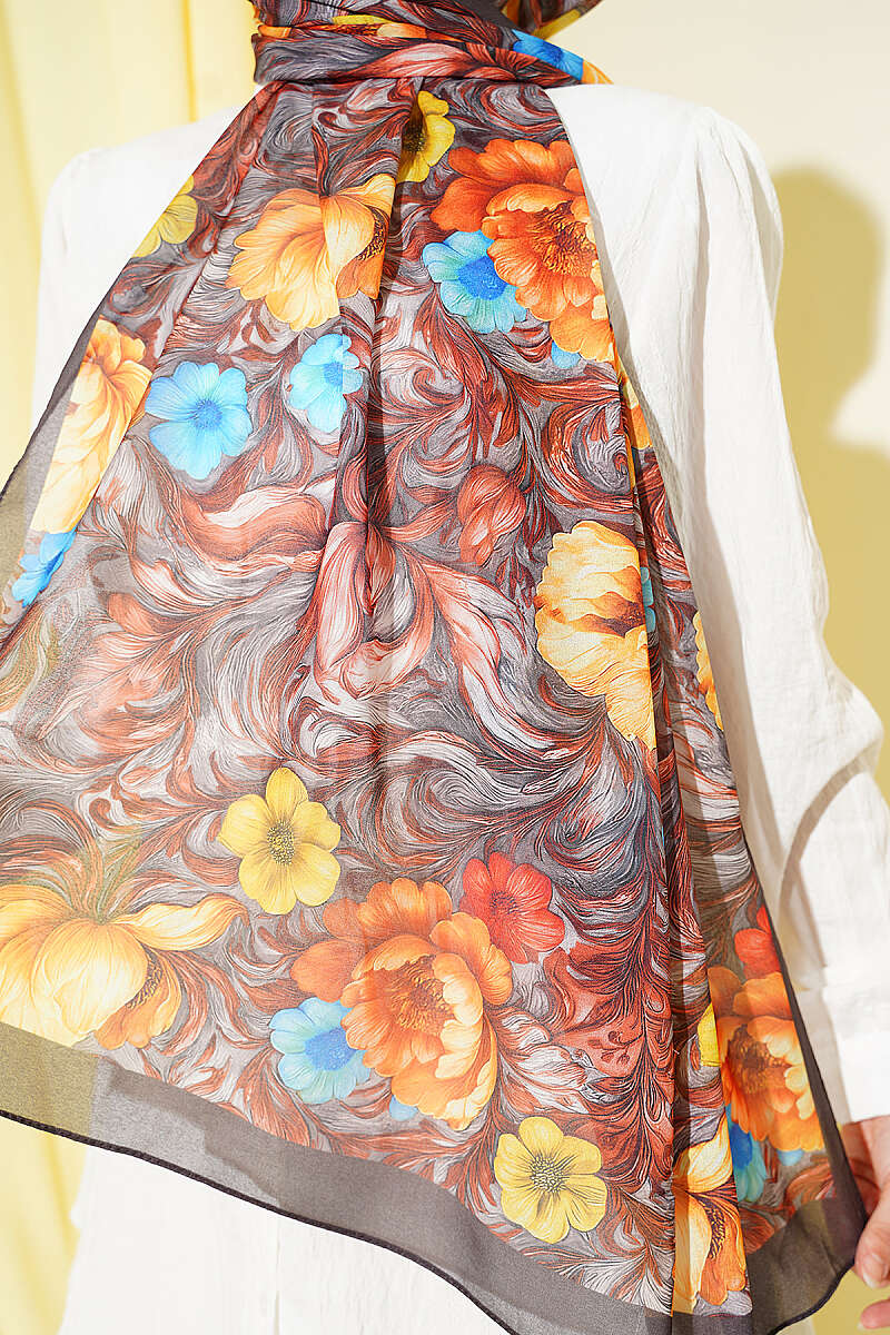 Floral Pattern French Silk Shawl Dark Brown - الصورة 4