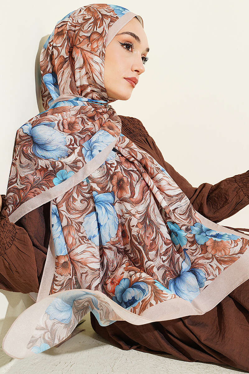 Floral Pattern French Silk Shawl Sand Beige - Image 5