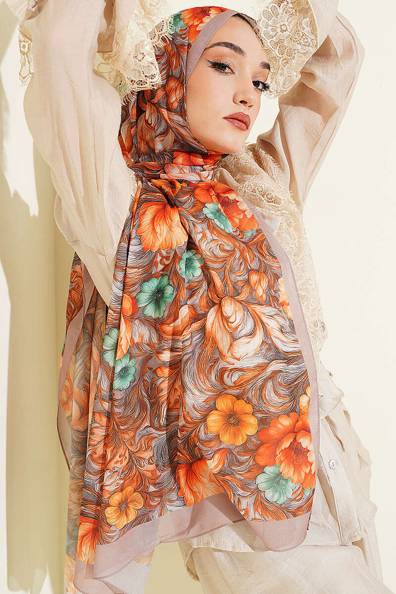 Floral Pattern French Silk Shawl Sand Beige