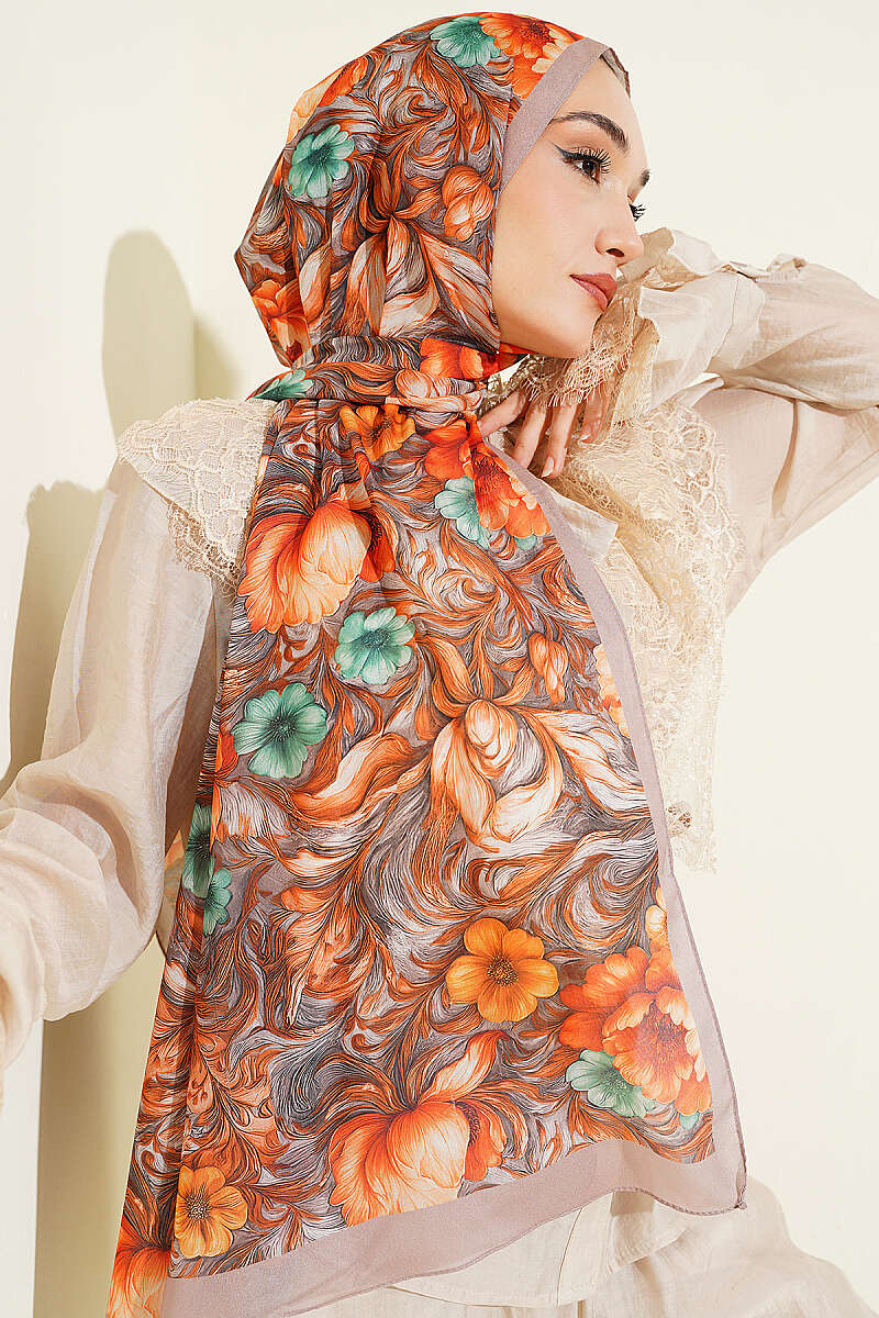 Floral Pattern French Silk Shawl Sand Beige - Image 2