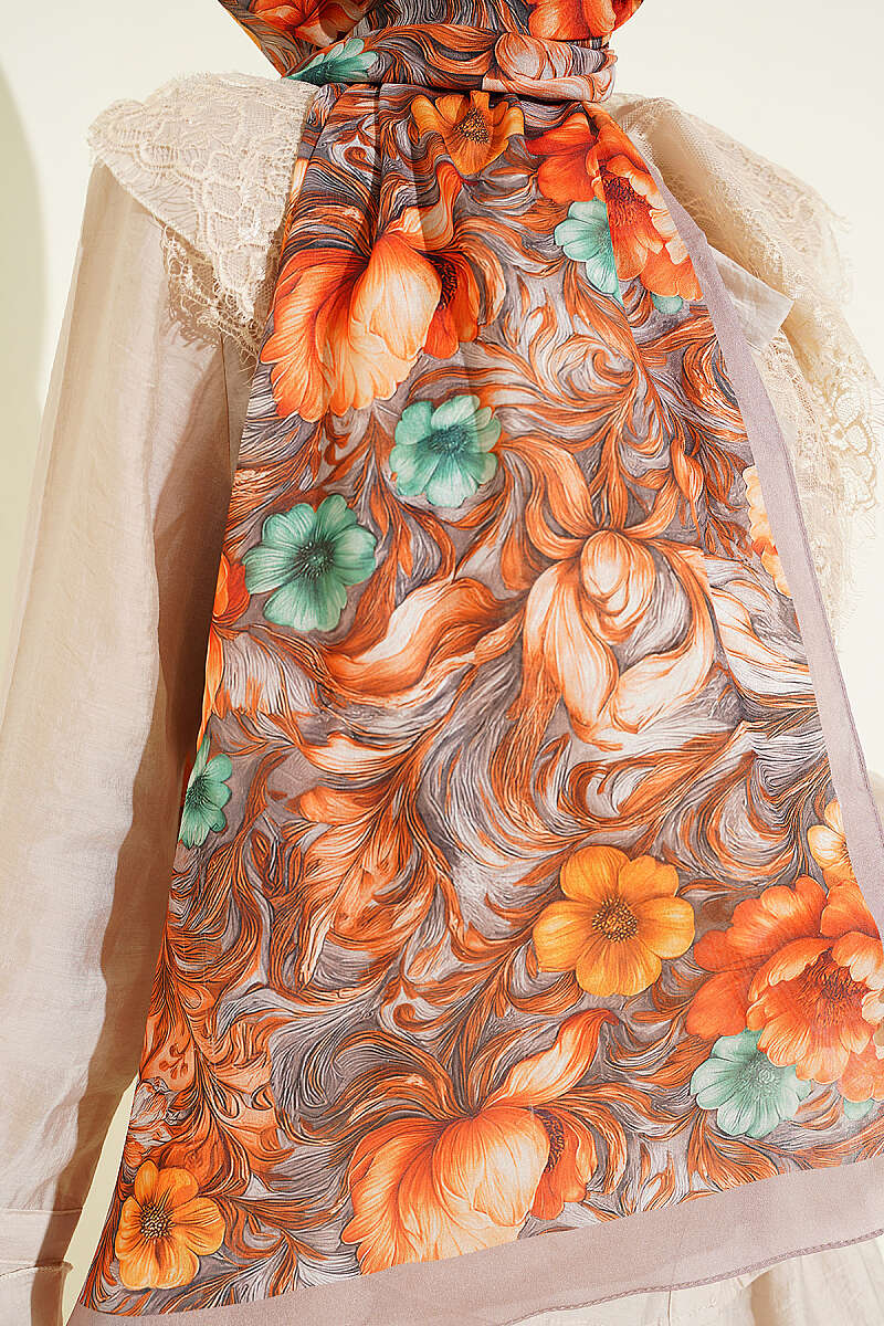 Floral Pattern French Silk Shawl Sand Beige - Image 4