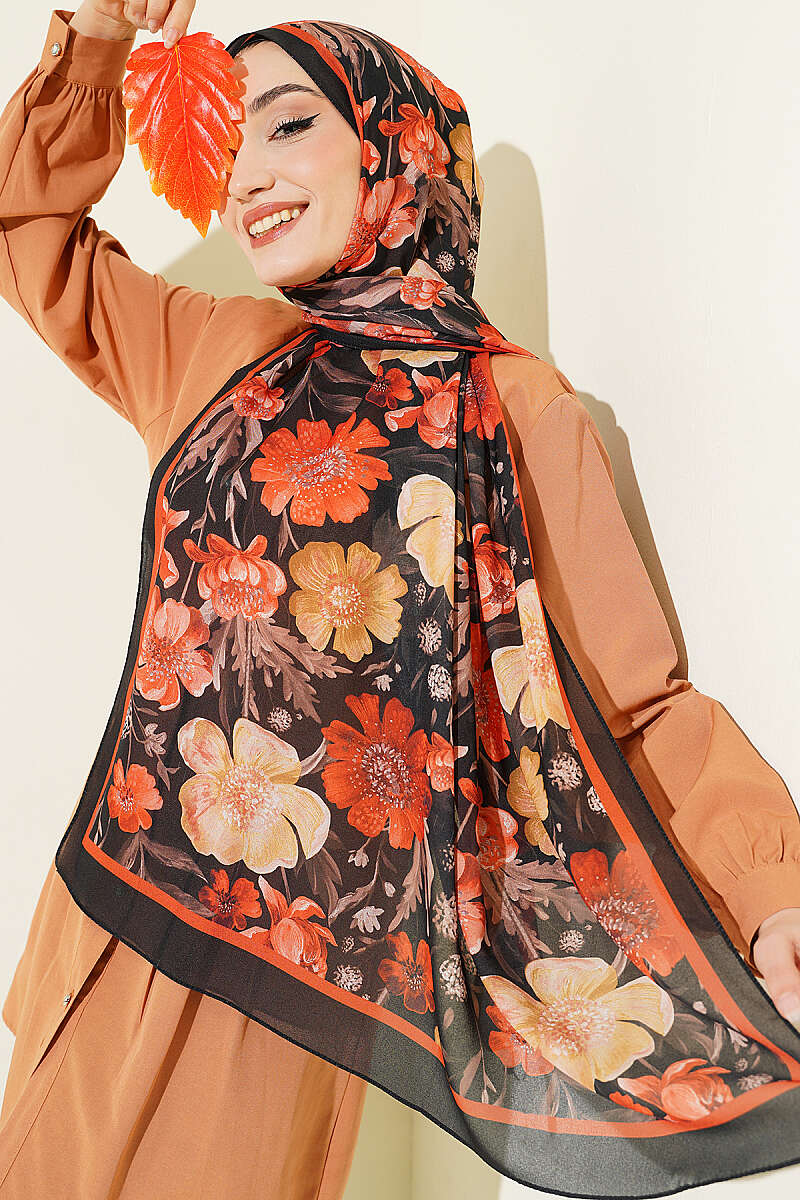 Floral Italian Chiffon Scarf Black