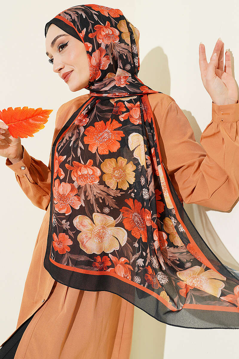 Floral Italian Chiffon Scarf Black - الصورة 2