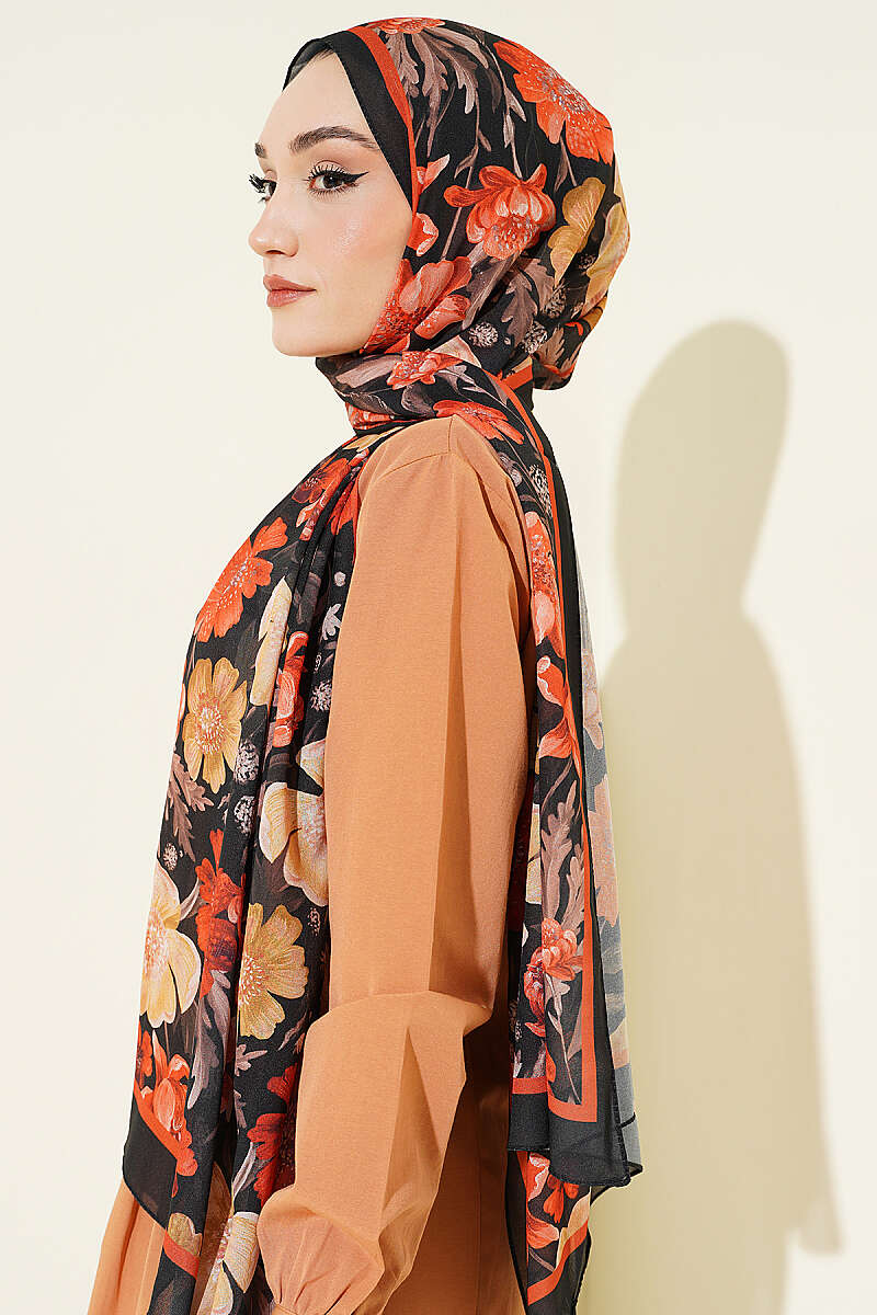 Floral Italian Chiffon Scarf Black - الصورة 3