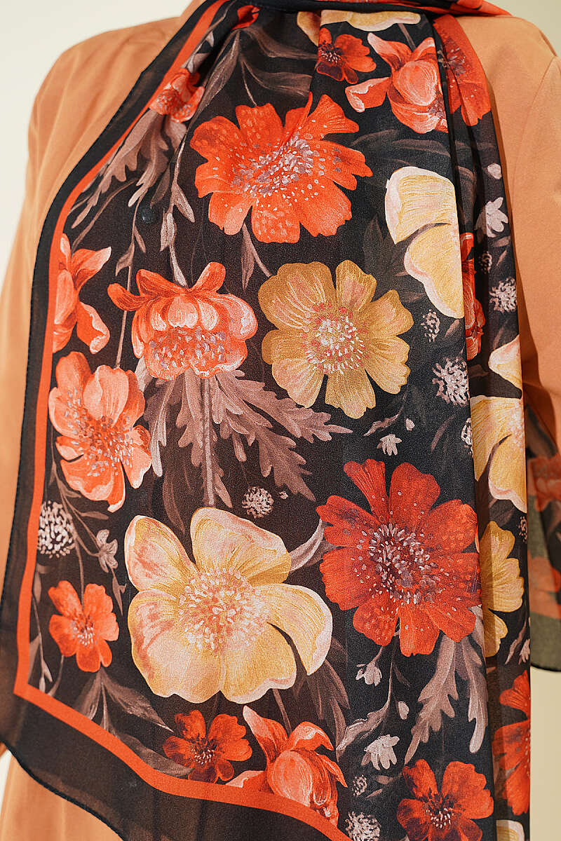 Floral Italian Chiffon Scarf Black - الصورة 4