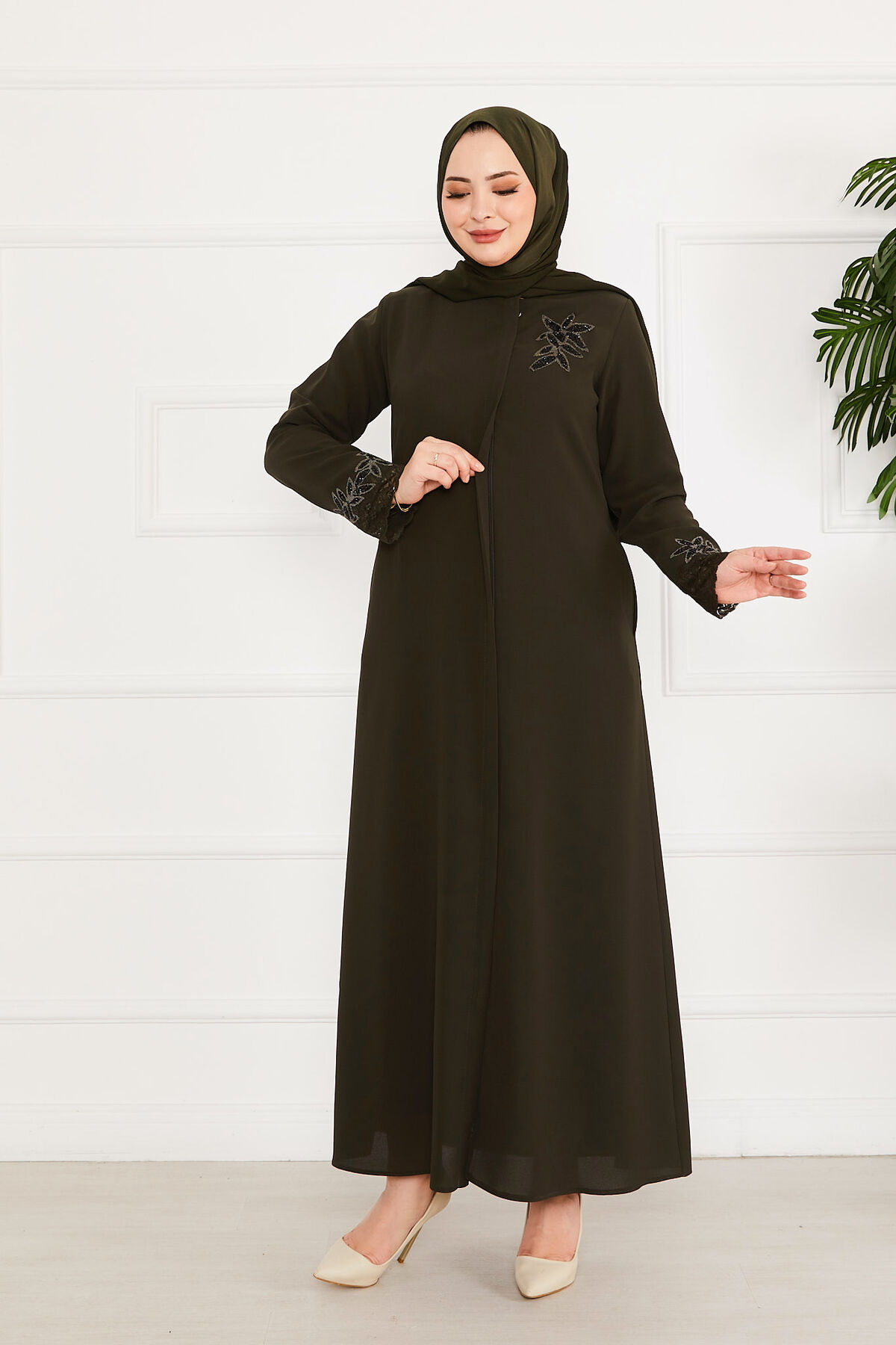 Floral Detail Lace Modest Abaya Khaki