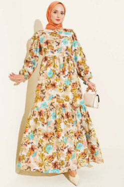 Floral Detail Linen Dress Beige
