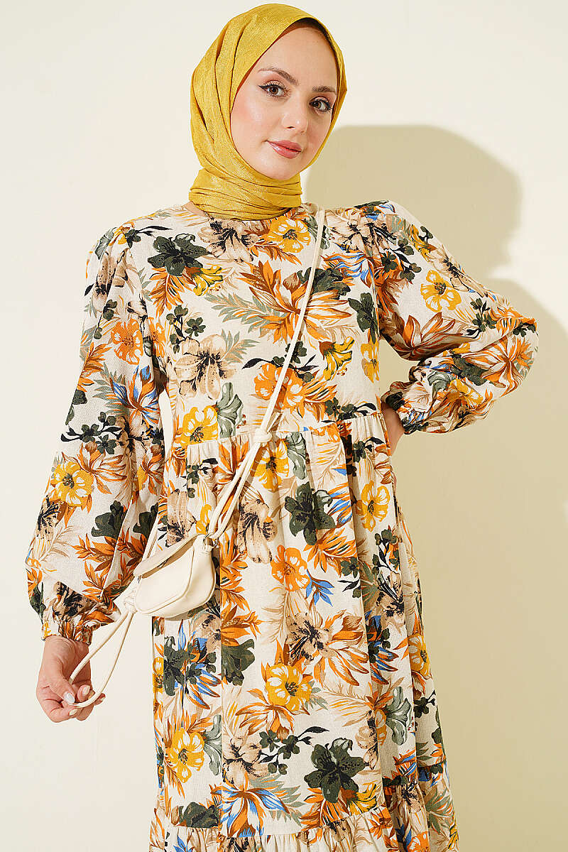 Floral Detail Linen Dress Mustard - الصورة 2