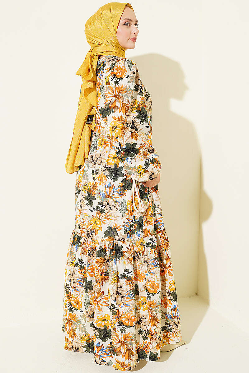 Floral Detail Linen Dress Mustard - الصورة 3
