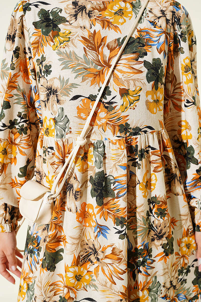Floral Detail Linen Dress Mustard - الصورة 4