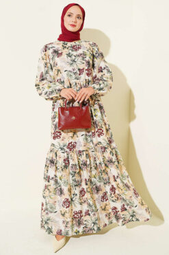 Floral Detail Linen Dress Plum