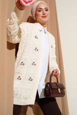 Floral Embroidered Knit Cardigan Beige