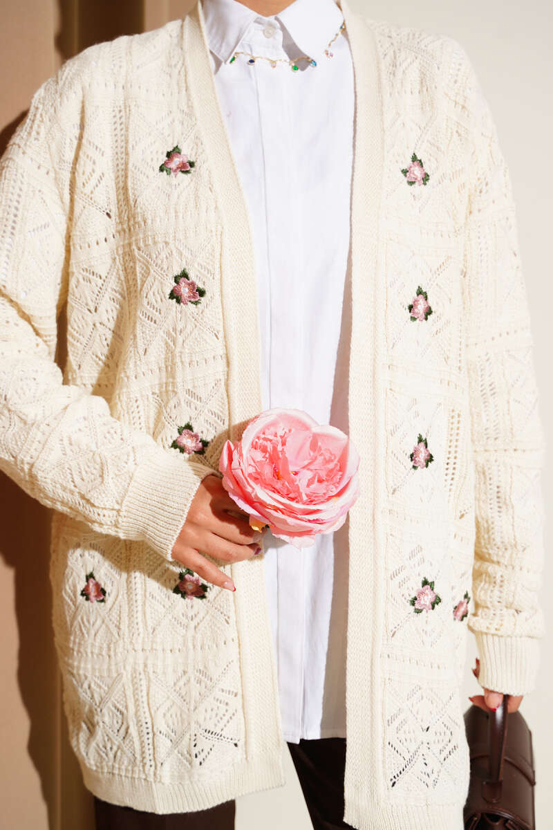 Floral Embroidered Knit Cardigan Beige - Image 4