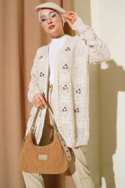 Floral Embroidered Knit Cardigan Stone