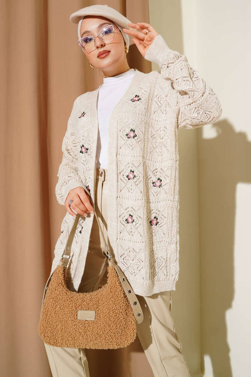 Floral Embroidered Knit Cardigan Stone