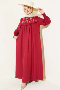 Floral Embroidered Yoke Dress Burgundy