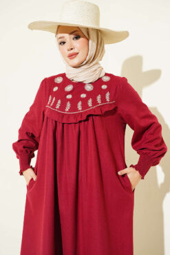 Alternative view of Floral Embroidered Yoke Dress Burgundy