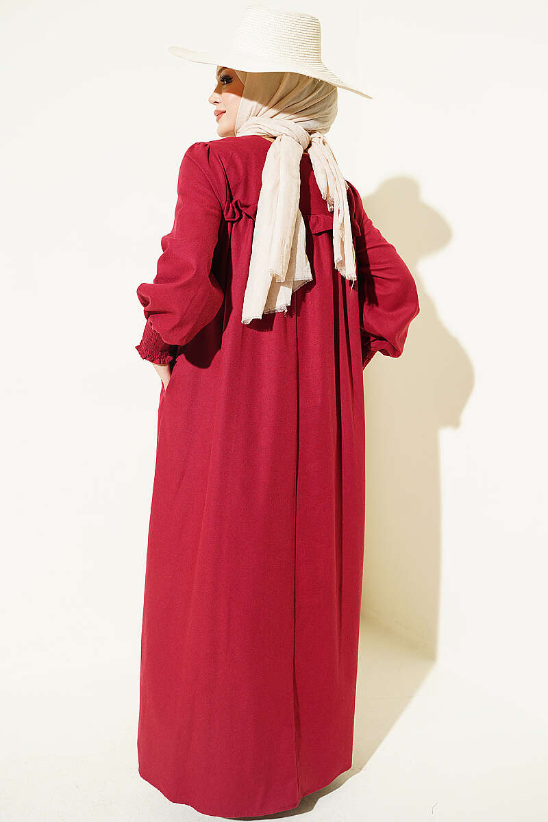Floral Embroidered Yoke Dress Burgundy - Image 3