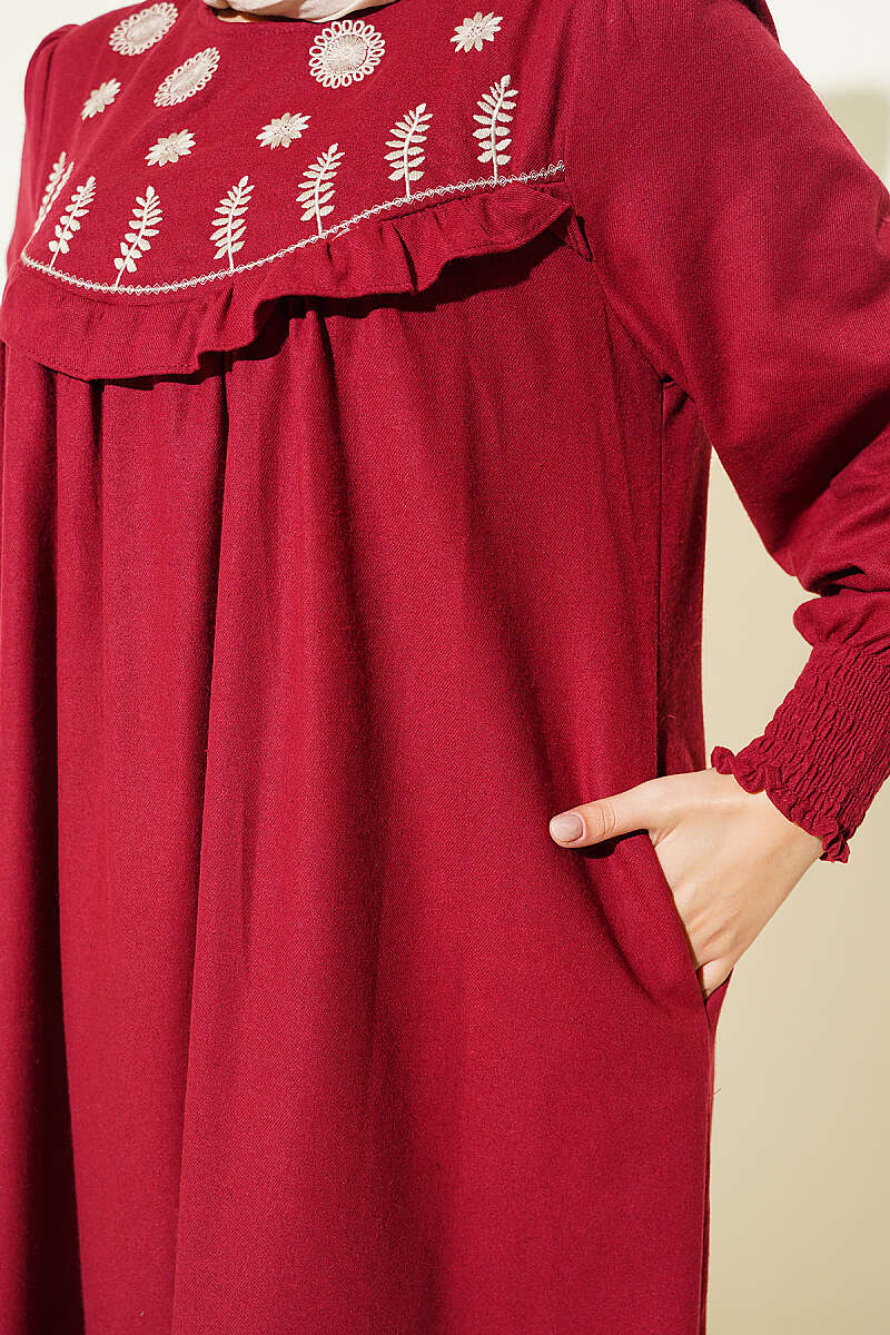 Floral Embroidered Yoke Dress Burgundy - Image 4