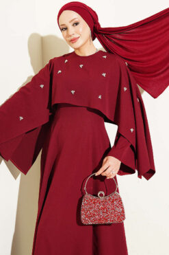 Alternative view of Embellished Evening Gown with Floral Decorations and Bolero Burgundy