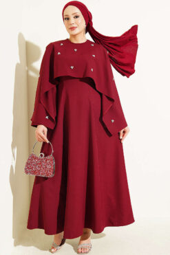 Embellished Evening Gown with Floral Decorations and Bolero Burgundy