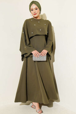 Embellished Evening Gown with Floral Decorations and Bolero Khaki
