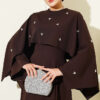 Embellished Evening Gown with Floral Decorations and Bolero Brown – Image 2
