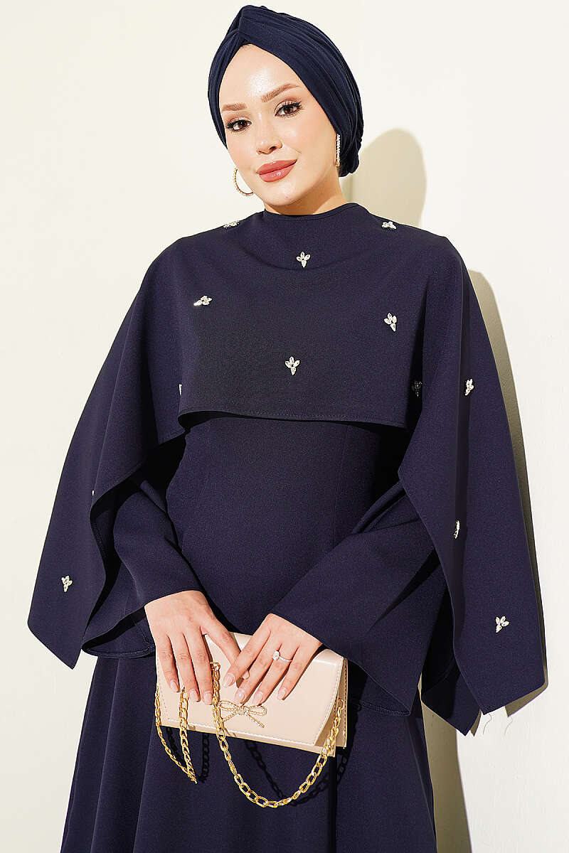 Embellished Evening Gown with Floral Decorations and Bolero Navy Blue - الصورة 3