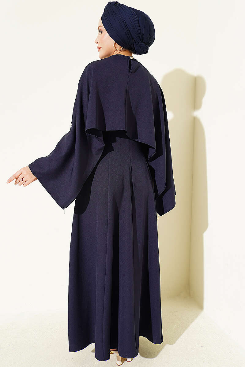 Embellished Evening Gown with Floral Decorations and Bolero Navy Blue - الصورة 4