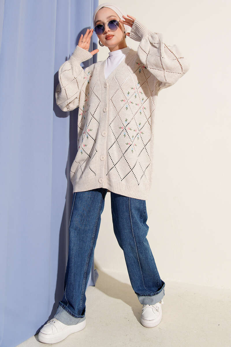 Floral Diamond Pattern Knit Cardigan Beige - Image 2