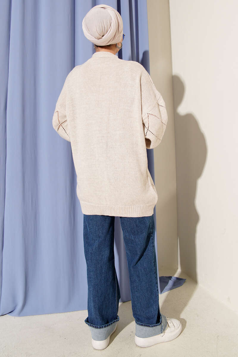 Floral Diamond Pattern Knit Cardigan Beige - Image 3