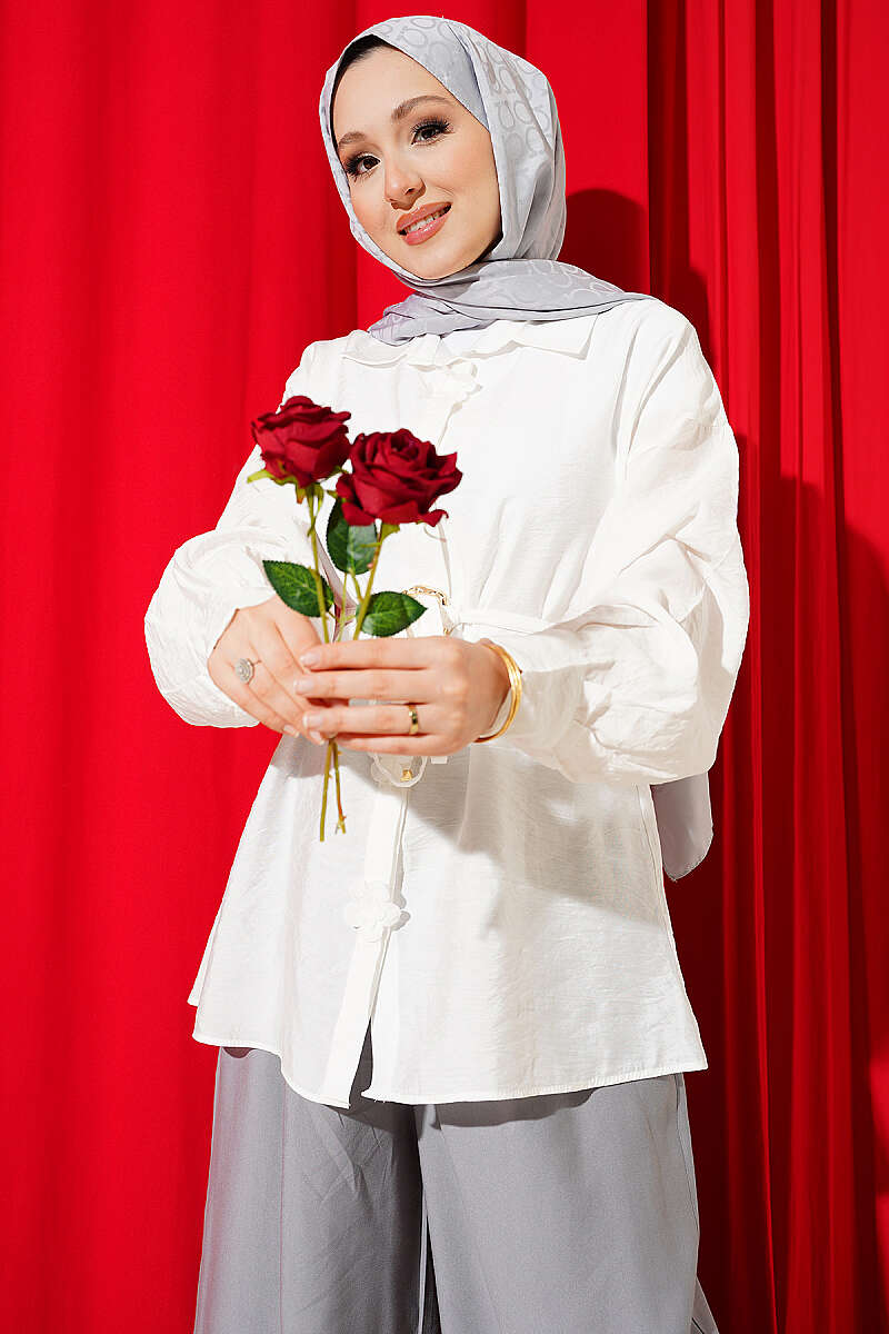 Floral Belted Shirt Ecru