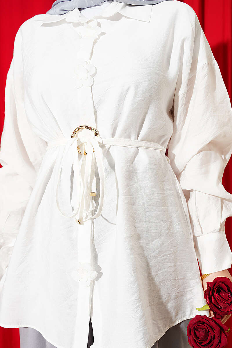 Floral Belted Shirt Ecru - Image 4