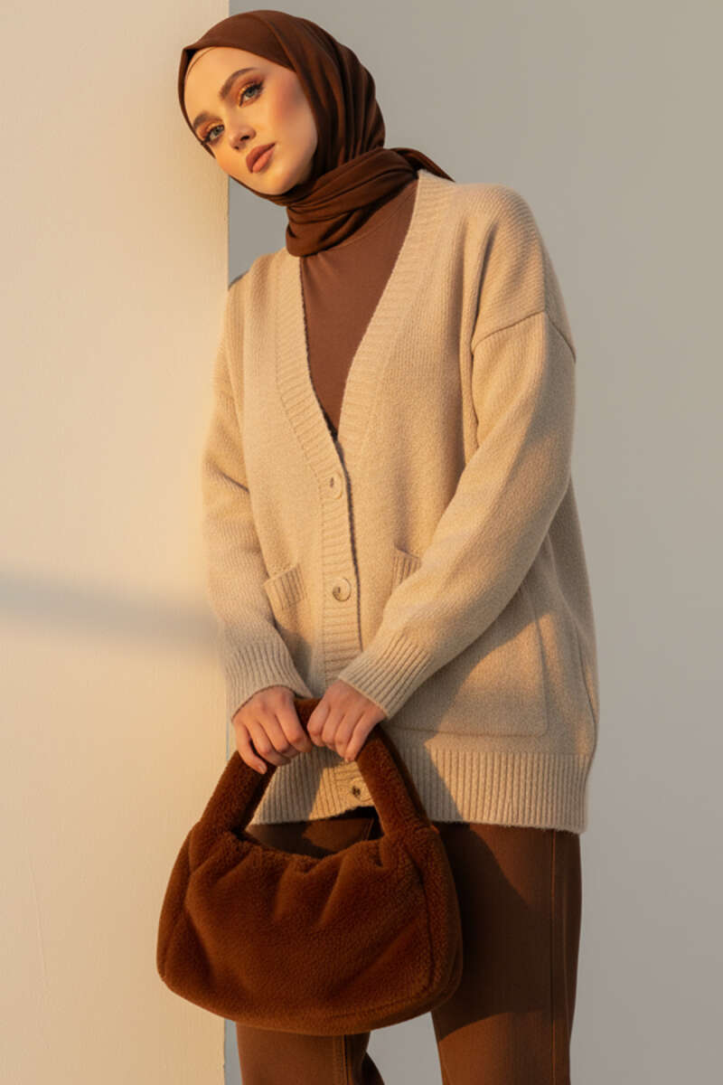 Double Pocket Buttoned Knit Cardigan Beige