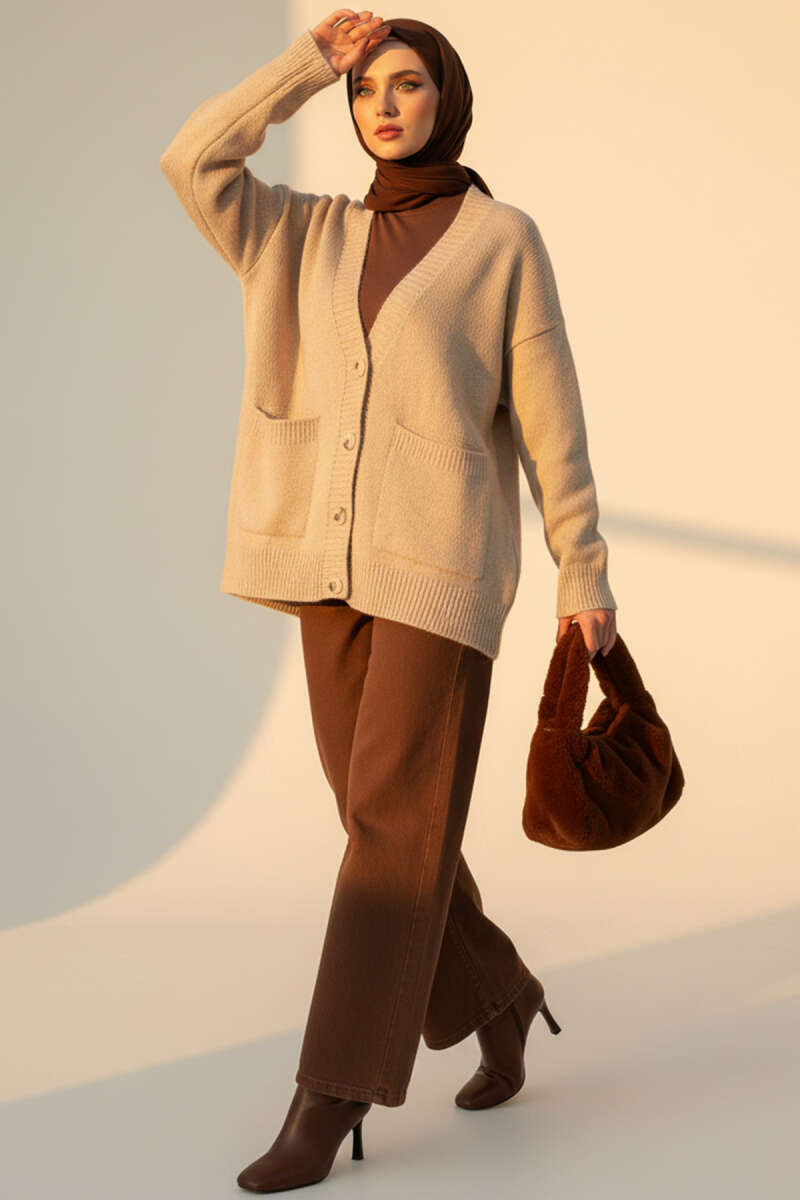Double Pocket Buttoned Knit Cardigan Beige - immagine 2